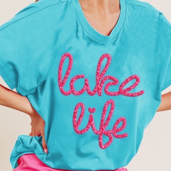 243. 🛑AT COST LAST 2! BIBI Tee Shirt Oversize Lake Life Metallic letter Pullover - Picture 5 of 5